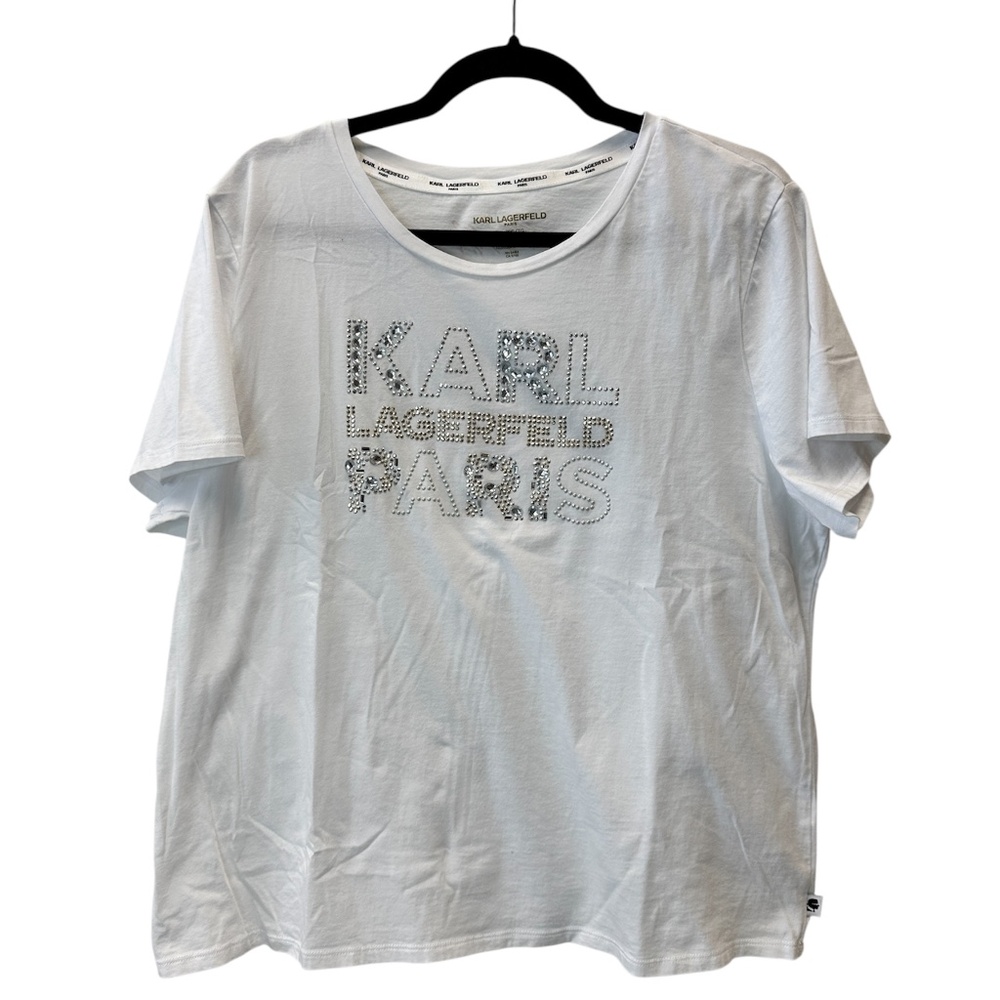 Karl Lagerfeld Paris White T-Shirt Women's Size XL Rhinestone Bling